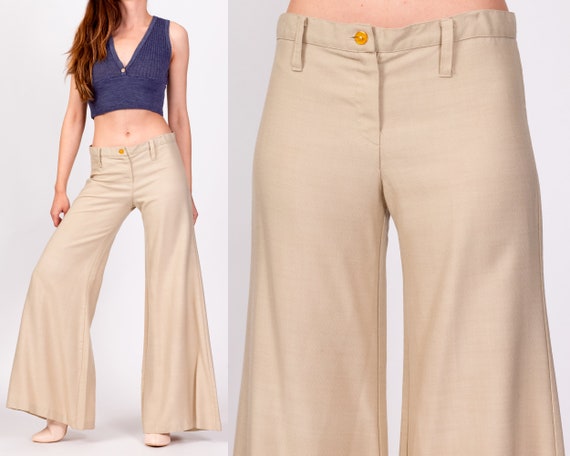 70s Khaki Low Rise Bell Bottoms Extra Small | Vin… - image 1