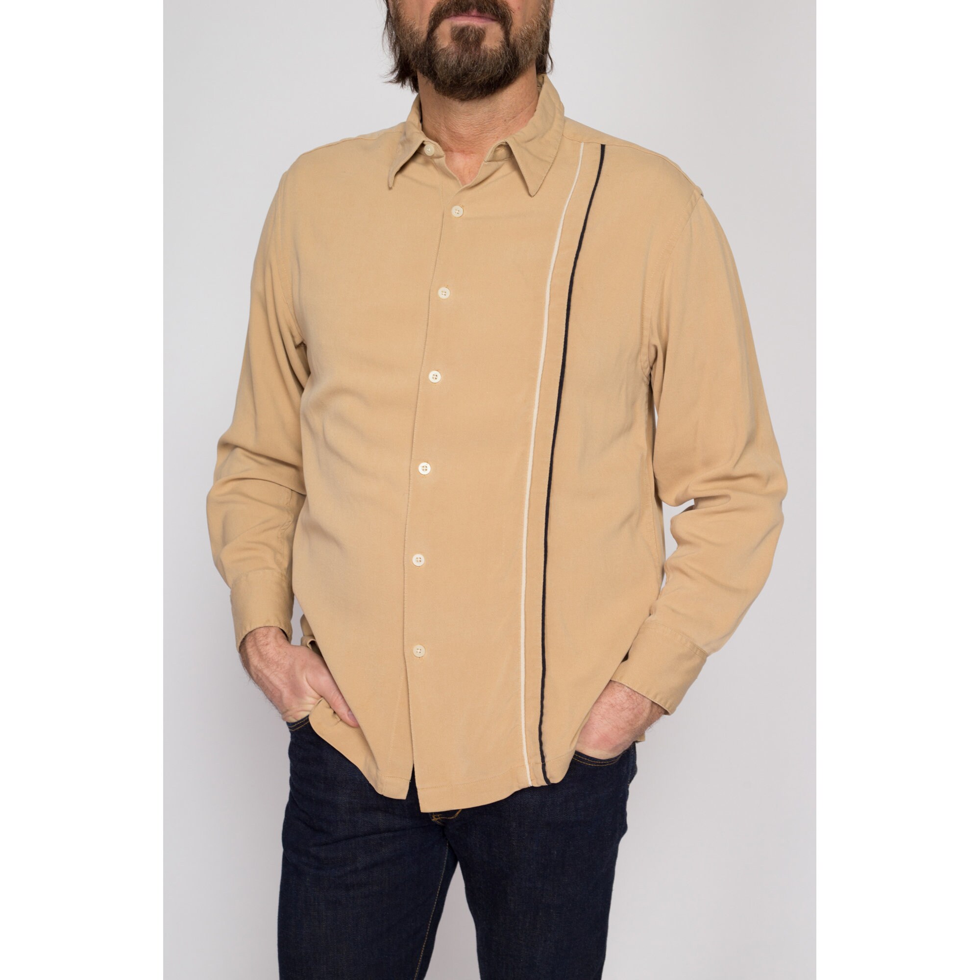 90s Geoffrey Beene Tan Ribbed Silk Shirt - Medium | Vintage Button 