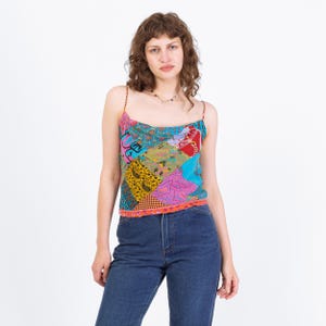 Vintage 90s Rainbow Patchwork Cowl Neck Top - Small | Draped Sleeveless Boho Blouse, 2000s Going Out Cami Top