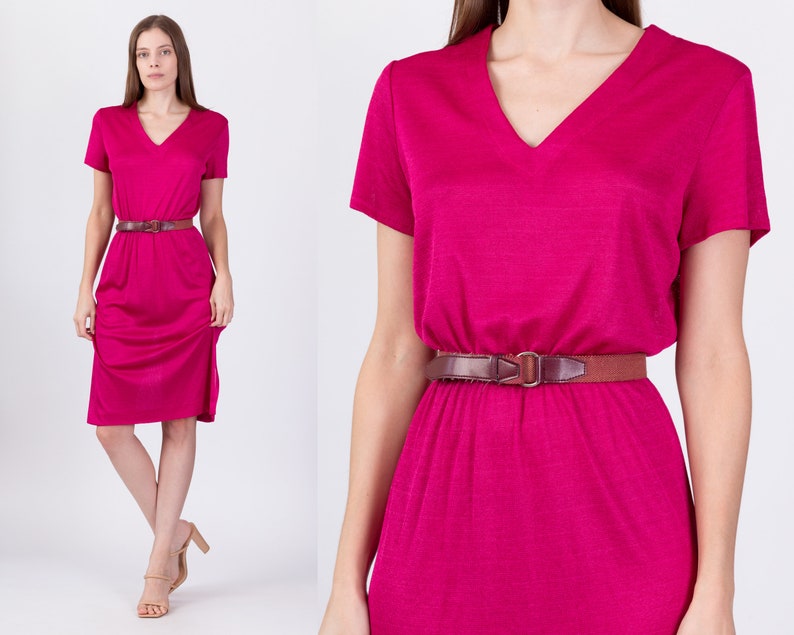 70s 80s Hot Pink Knit Dress Medium Vintage Semi Sheer Retro Fitted Waist Dress image 1