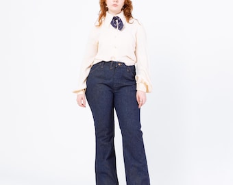 Vintage 70s Wrangler Deadstock Flared Unisex Jeans - 38x30 | Dark Wash Denim High Waisted Bootcut Jeans