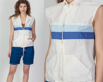 80s White Blue Striped Sailing Vest Men's Small | Vintage Hobie Distressed Zip Up Sleeveless Windbreaker Jacket