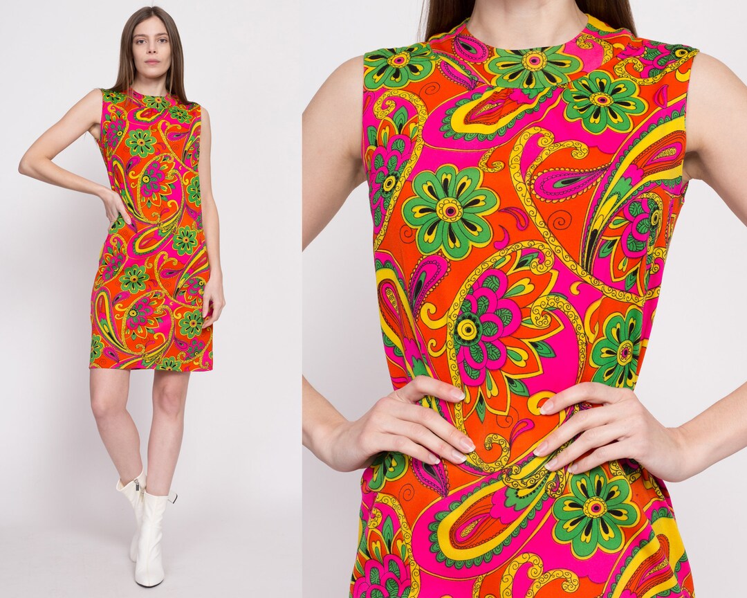 60s Mod Mini Dress, Floral Print Mini Shift Dress S