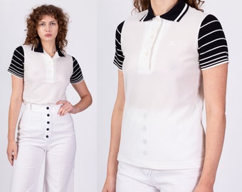 70s Catalina White Black Striped Polo Top Petite Small | Vintage Preppy Short Sleeve Shirt