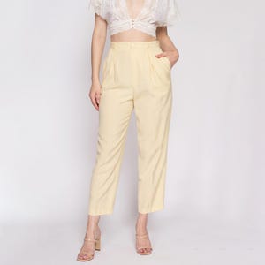 Medium 80s Butter Yellow High Waisted Trousers 27.5" | Vintage Pleated Tapered Leg Pants