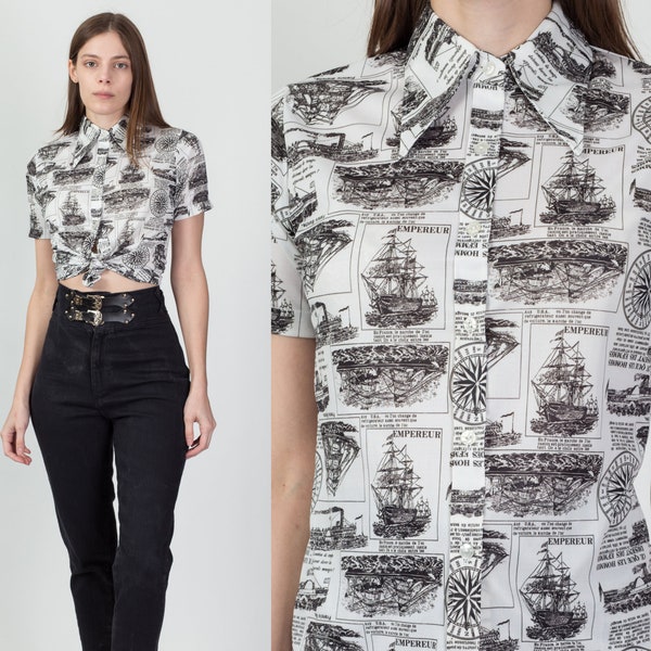 70s French Sailing Ship Novelty Print Blouse Small | Vintage Boho Black & White Short Sleeve Collared Top