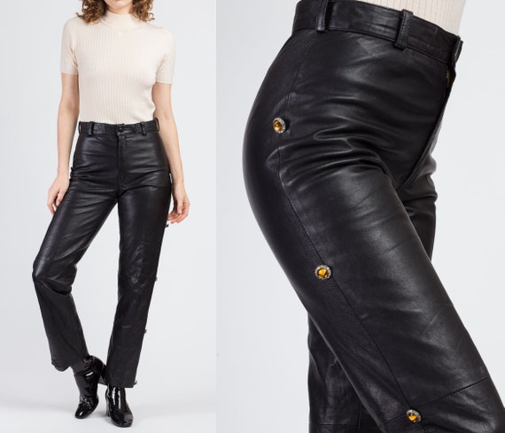 80s Black Leather High Waist Pants - Medium | Vint