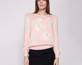 80s Pink Pastel Angora Bow Sweater - Med-Lrg | Vintage Knit Pearl Beaded Long Sleeve Pullover