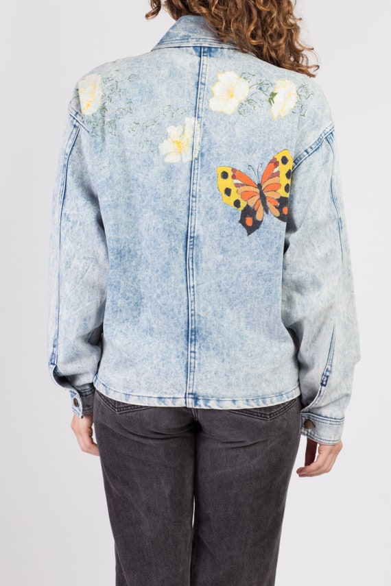 Small 80s Acid Wash Butterfly Painted Denim Jacke… - image 5