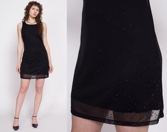 90s Black Sparkle Gradient Mini Dress Medium | Vintage Sleeveless Sheer Illusion Grunge Dress