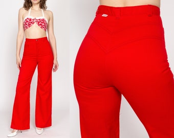 Small 70s Dittos Cherry Red High Waisted Flared Pants 26.5" | Retro Vintage Bell Bottom Cotton Twill Yoke Trousers