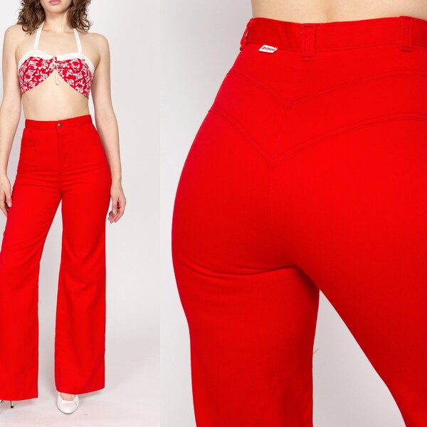 Small 70s Dittos Cherry Red High Waisted Flared Pants 26.5" | Retro Vintage Bell Bottom Cotton Twill Yoke Trousers