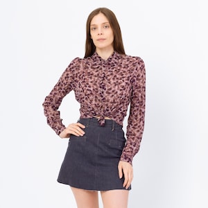 90年代ヴィンテージ パープルシルクリーフプリントブラウス - Sサイズ | ボヘミアン シアー フローラルカラー ロングスリーブトップス