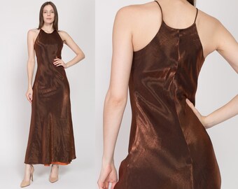 Small 90s Slinky Copper Satin Bias Cut Gown | Vintage Chelsea Nites Sleeveless Halter Racerback Formal Maxi Dress