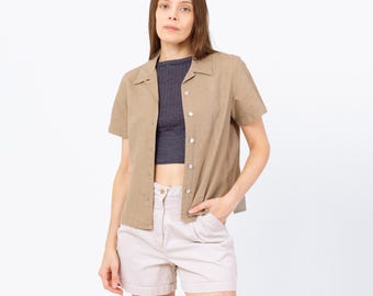Vintage 90s Tan Linen Button Up Top - Small | Minimalist Short Sleeve Shirt, Cropped Collared Eyelet Trim Blouse