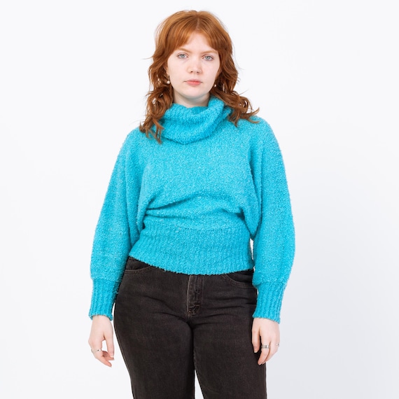 Vintage 80s Blue Boucle Knit Turtleneck Sweater - Medium to Large