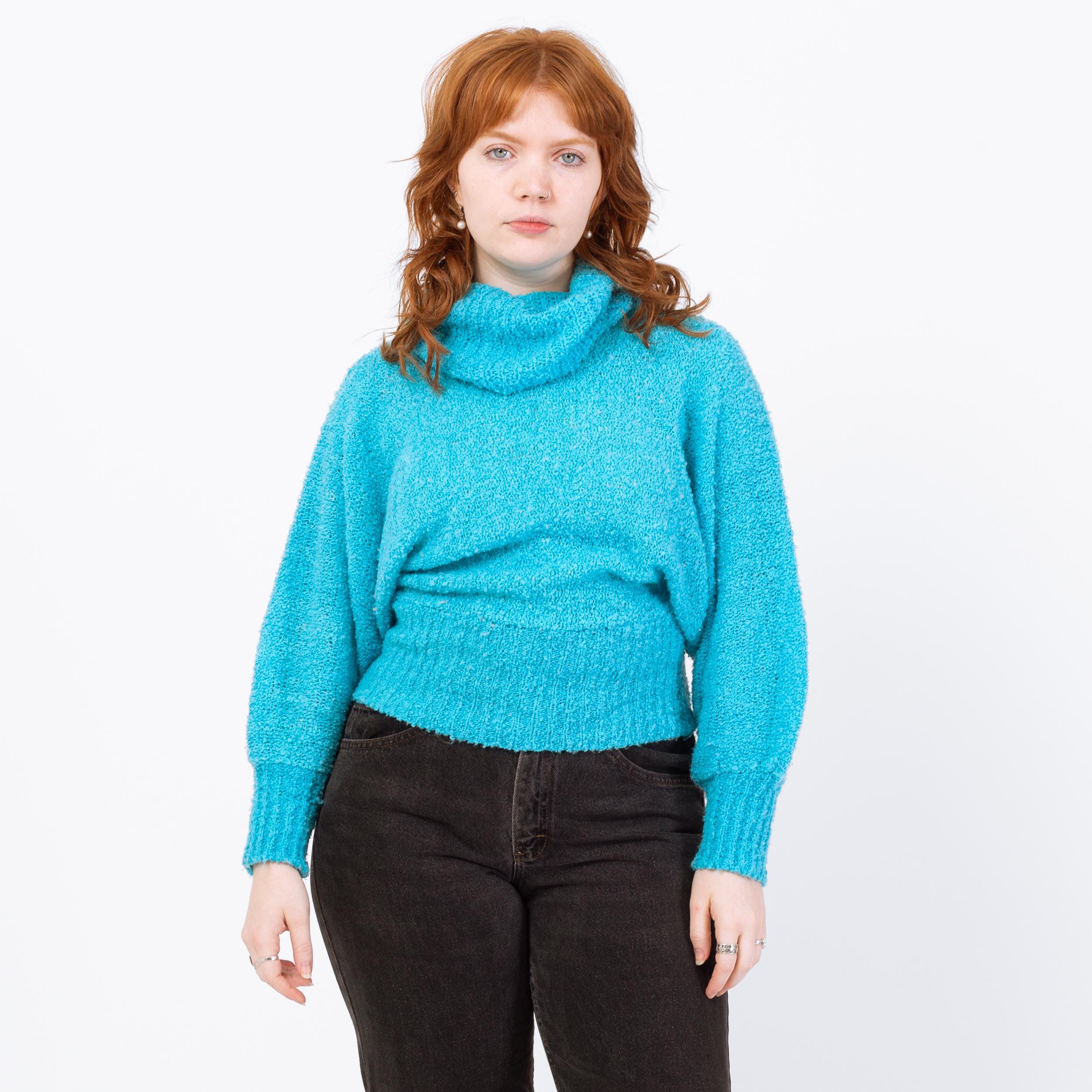 Vintage 80s Blue Boucle Knit Turtleneck Sweater - Medium to Large