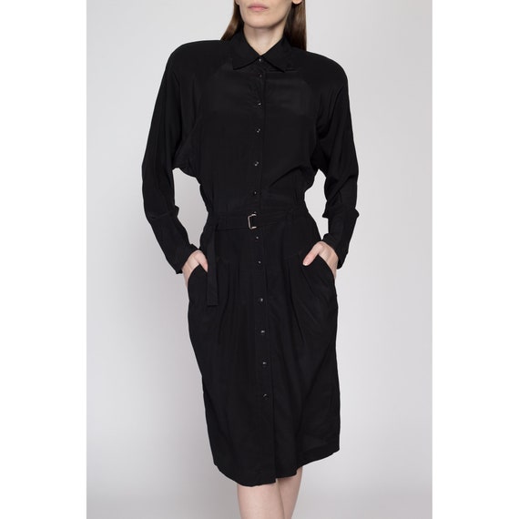 Small 80s Black Silk Dolman Sleeve Shirtdress | V… - image 2