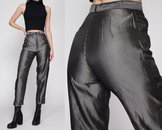 XS 70s Silver Pinstriped High Waisted Trousers 24… - image 1