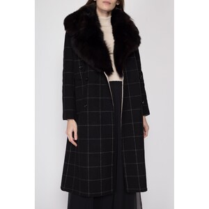 Sm-Med 70s Galanos Designer Wool Fur Collar Overcoat Vintage Grid Pattern Double Breasted Winter Blanket Jacket image 2