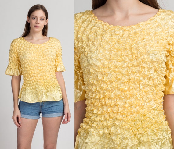 90s Yellow Stretchy Popcorn Crinkle Shirt - One Si