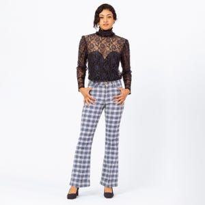 Vintage 70s Blue Plaid Knit Flared Trousers - Men&#39;s XS, Women&#39;s Small | 1970s High Waisted Fall Pants, Retro Cuffed Woven Trousers