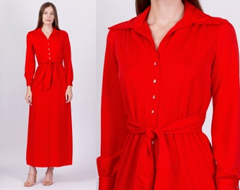 60s 70s Leslie Fay Red Maxi Hostess Dress XS to Small | Vintage Cinched Waist Long Sleeve Jeweled Button Dress