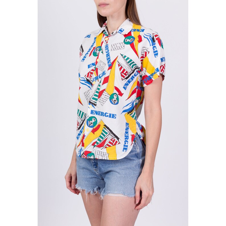 Small 80s Novelty Sailing All-Over Print Shirt Vintage Nautical Short Sleeve Collared Button Up Top image 4