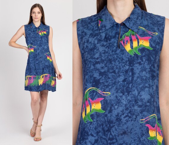 Medium 90s Tie Dye Tropical Fish Mini Dress | Vin… - image 1