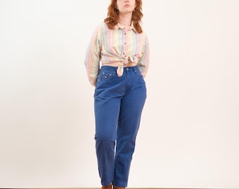 Vintage 90s Tommy Hilfiger Royal Blue High Waisted Jeans - Large, 32" Waist | Colorful Denim Tapered Leg Mom Jeans