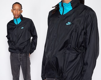 Large 80s 90s Nike Black & Blue Windbreaker | Vintage Streetwear Swoosh Logo Track Jacket