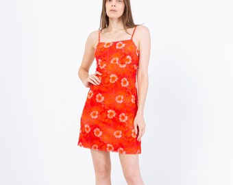 90s popcorn dress Large 90s Orange Floral Popcorn Bodice Mini Dress | Vintage A Line Boho  Tank Sundress