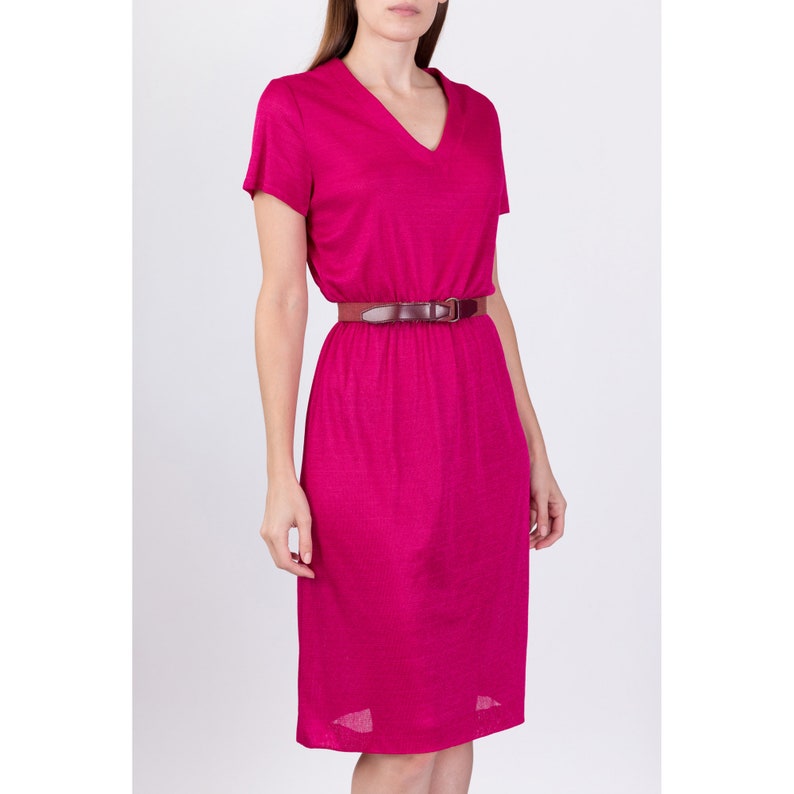 70s 80s Hot Pink Knit Dress Medium Vintage Semi Sheer Retro Fitted Waist Dress image 3