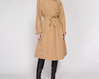 80s Tan Piped Trim Belted Trench Coat - Large | Vintage Minimalist Round Collar Button Up Long Jacket