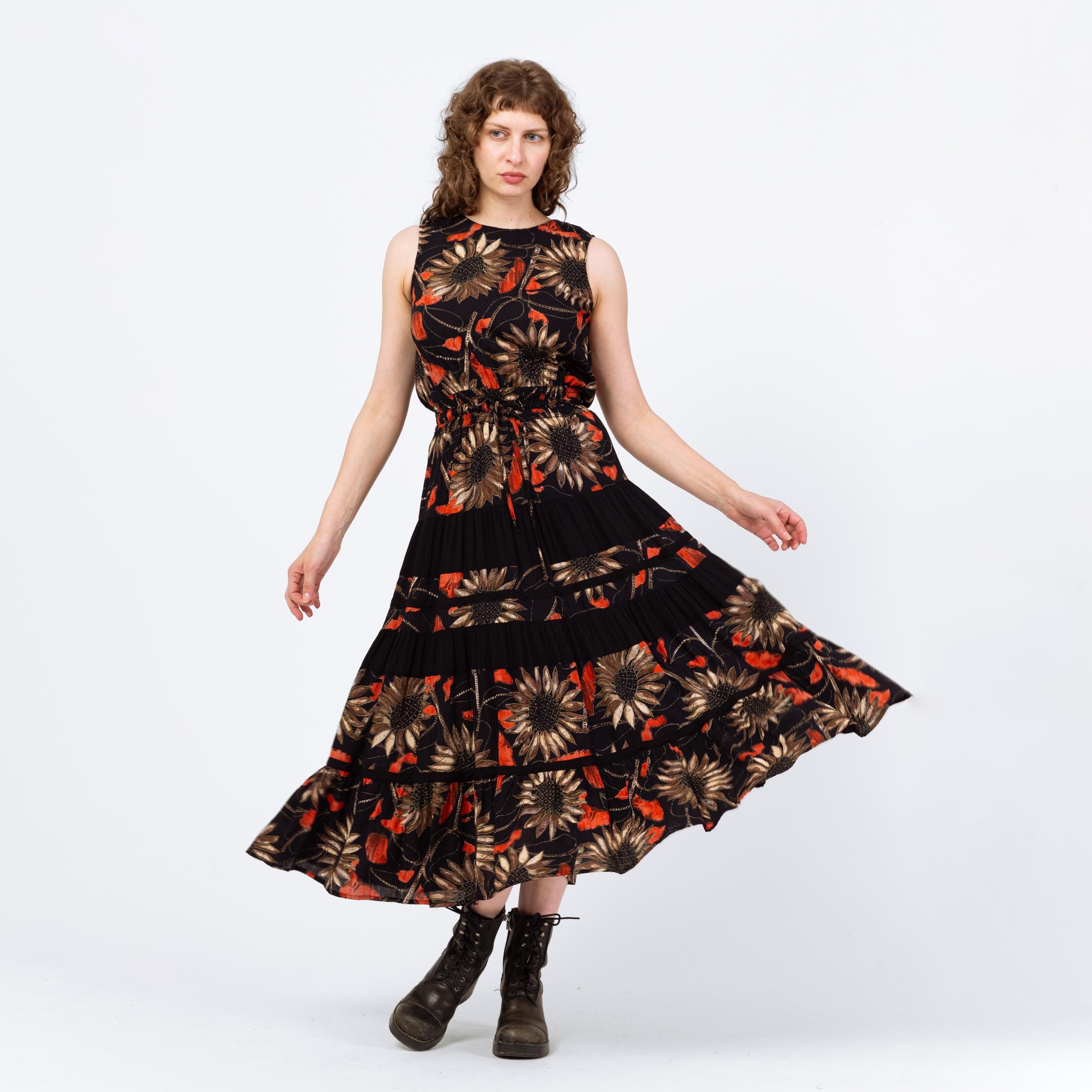 Vintage 90s Black Metallic Sunflower Print Maxi Tank Dress - Medium