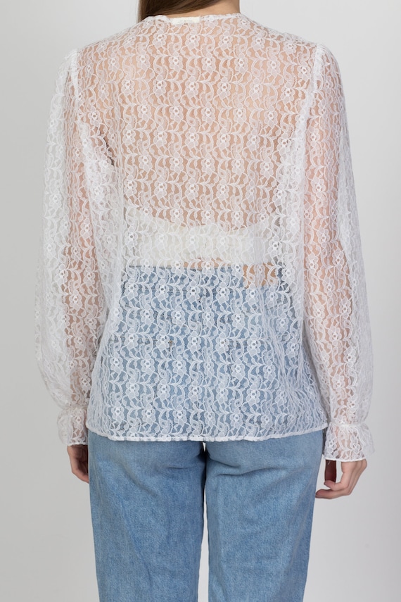 Vintage Sheer White Lace Jabot Blouse Large 80s Bis… Gem
