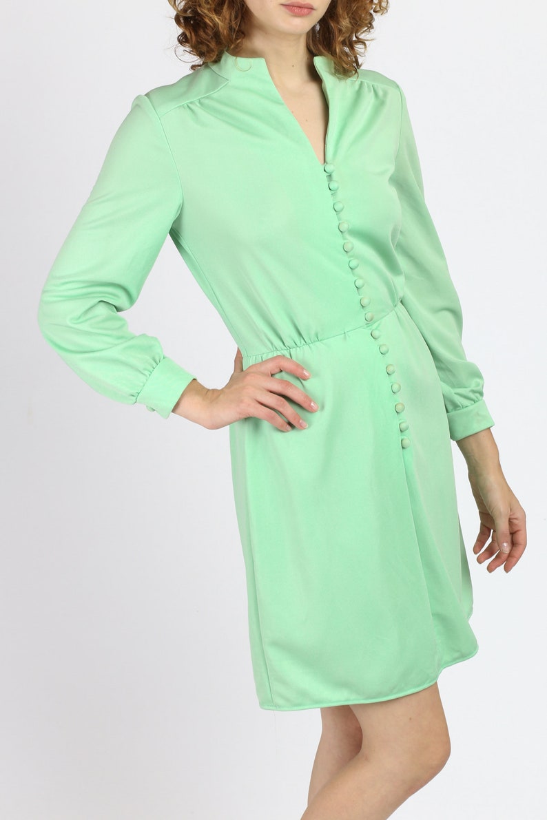70s Green Button Front Mini Dress  Extra Small  Vintage image 4