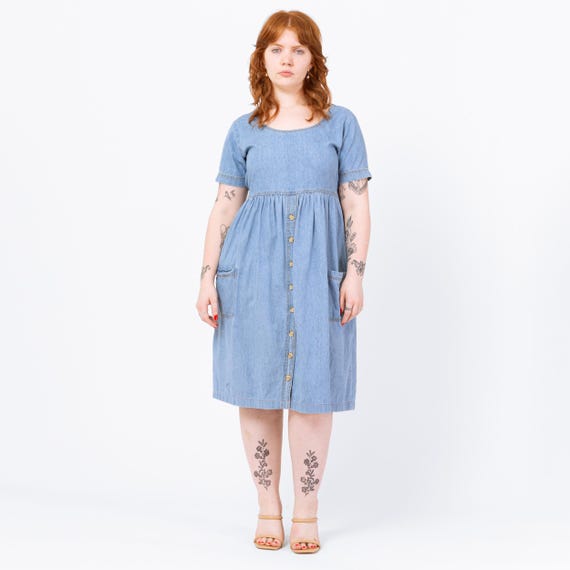 Vintage 90s Chambray Babydoll Midi Dress - Large | Grunge Light Wash Blue Jean Short Sleeve Pocket Dress - Etsy Israel Vintage 90s Chambray Babydoll Midi Dress - Large | Grunge Light Wash Blue Jean Short Sleeve Pocket Dress - Etsy Israel