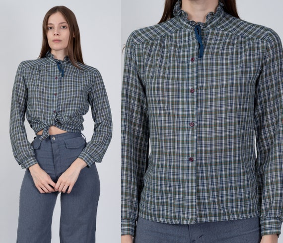 70s Plaid Ruffle Collar Blouse Petite 