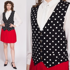 80s Polka Dot Mock Vest & Pleated Skirt Set Dress Large Vintage Red Black Pinafore Mini Dress image 1