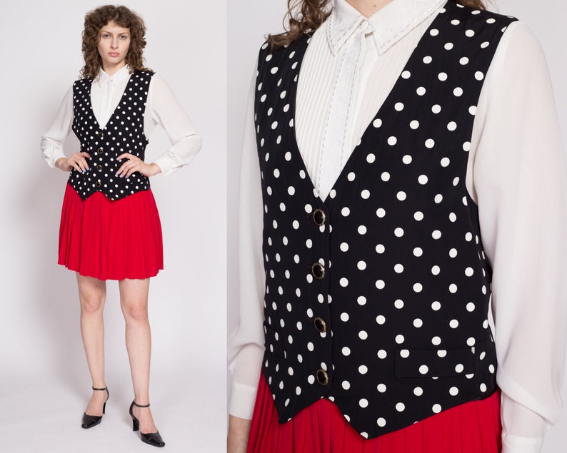 80s Polka Dot Mock Vest & Pleated Skirt Set Dress Large Vintage Red Black Pinafore Mini Dress image 1