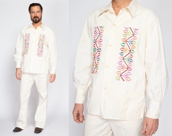 Medium 60s 70s Embroidered Mexican Shirt & Trousers Set 35" Waist | Vintage White Cotton Toggle Button Up Matching Two Piece Hippie Outfit