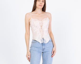 Vintage 90s Victoria's Secret White Satin & Lace Camisole - Small to Medium | Lingerie Slip Cami Crop Top