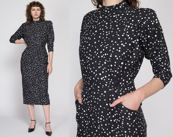 Medium 80s Black & White Polka Dot Midi Dress | Vintage Dolman Sleeve Shoulder Pad Shelf Pocket Dress