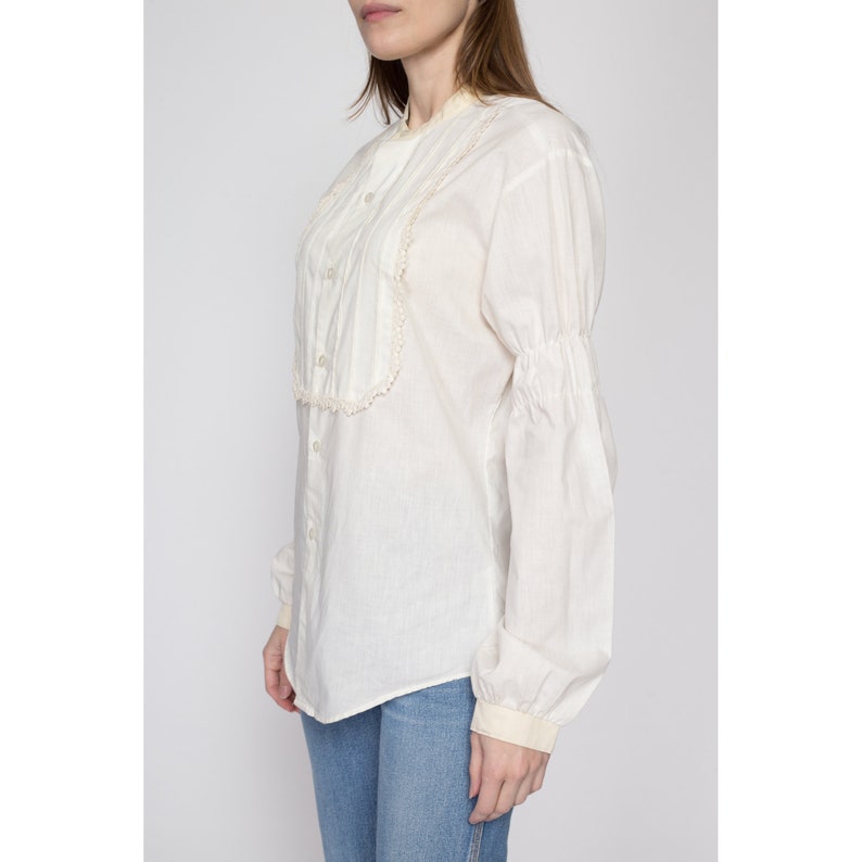 Med-Lrg 70s Does Victorian White Bishop Sleeve Shirt Unisex Kennington Boho Vintage Lace Trim Pirate Renaissance Blouse image 5