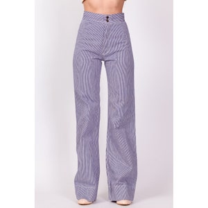 70s Blue & White Pinstriped Pants Extra Small, 23.5 Vintage High Waisted Flares Moody's Goose Retro Hippie Trousers image 2