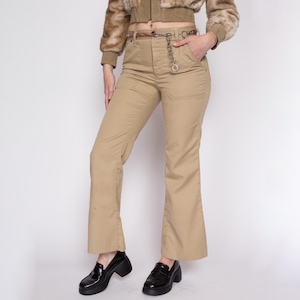 Small 70s Khaki Hip Hugger Rivet Flares | Vintage Mr. Leggs Mid Rise Retro Flared Leg Disco Trousers