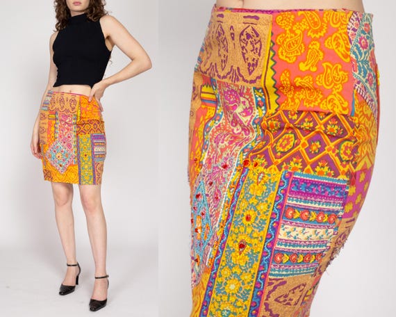 Vintage 90s Patchwork Print Mini Pencil Skirt - V… - image 2