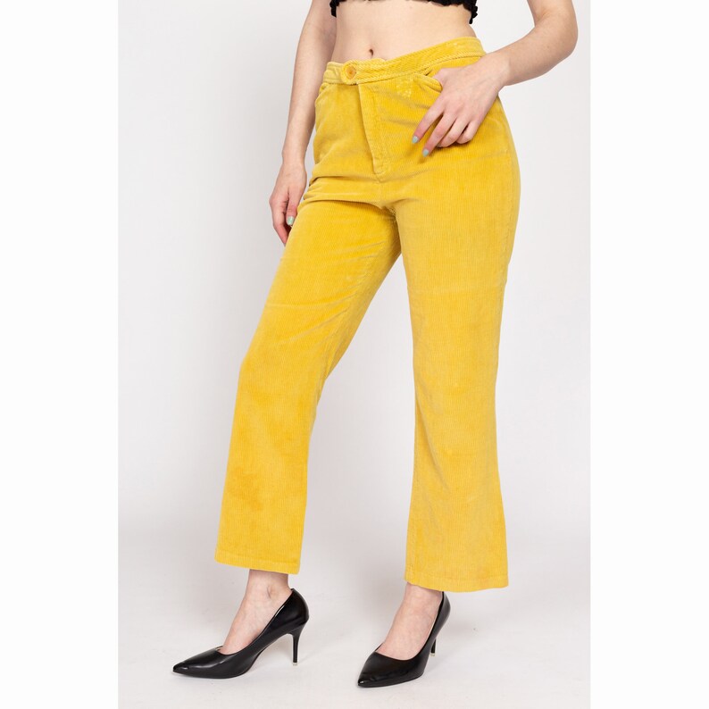 Medium 70s Yellow Corduroy Kick Flare Pants Vintage Cords Retro High Waisted Trousers zdjęcie 2
