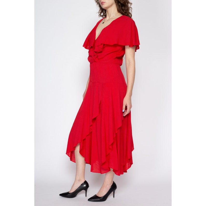 Medium 80s Red Flowy Capelet Maxi Dress Boho Vintage Flutter Sleeve V Neck Tiered Dress image 5